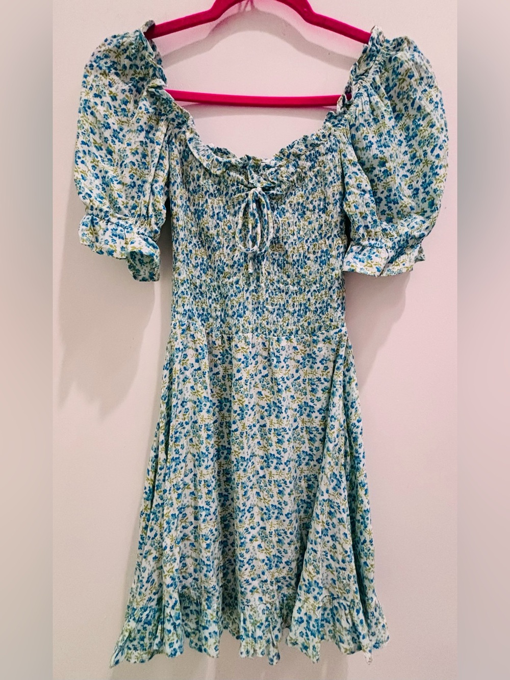 Faithfull the Brand Blue and Green Floral Smocked Mini Dress